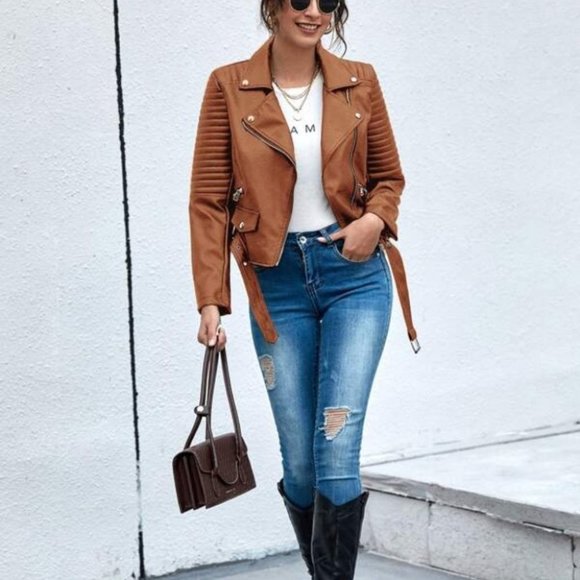 Faux eather zipper biker motorcycle jacket camel - Picture 2 of 9